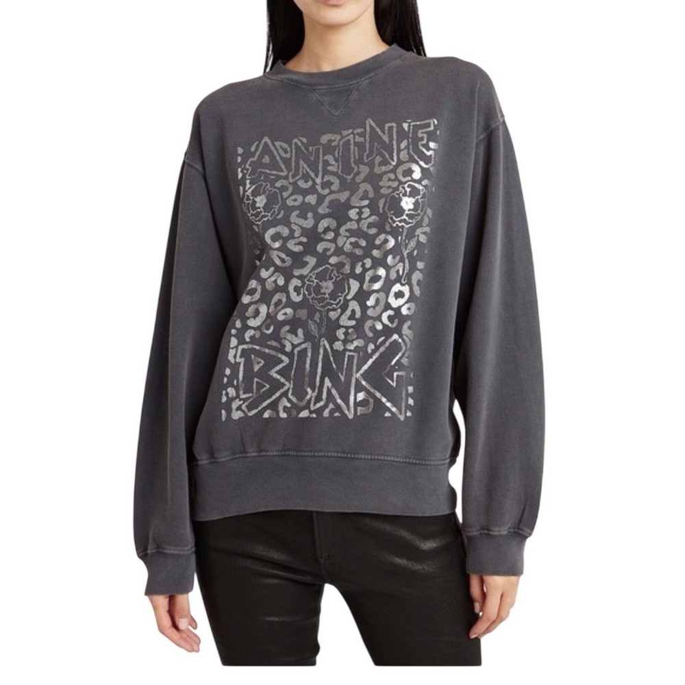Anine Bing Leopard Graphic Sweatshirt XS Washed Charcoal Gray Cotton Crewneck